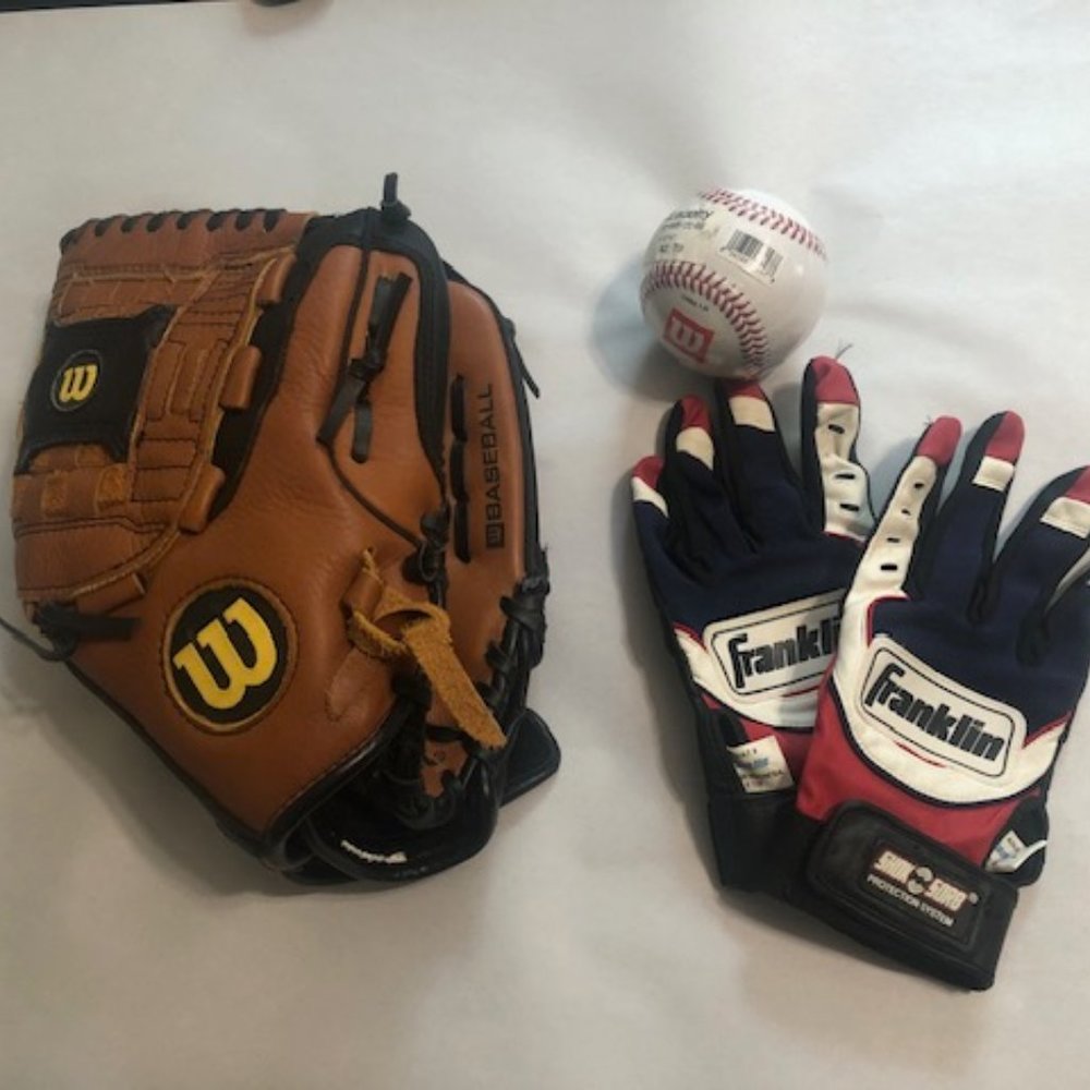 Adult Wilson 11.5 baseball glove, Franklin batting gloves, and Wilson baseball